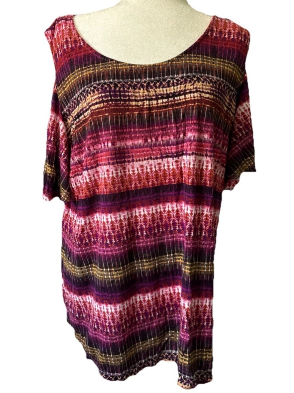 Rose + Olive 2X Cold Shoulder Top Magenta Purple Geometric Boho Tunic Plus Size